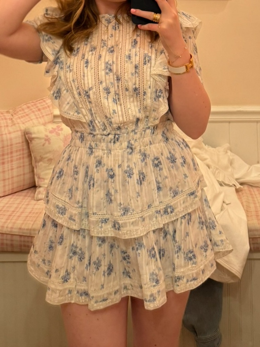 LoveShackFancy Natasha Blue Floral Tiered Mini Dress